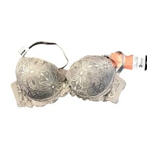 Rene Rofe Womens Extreme Push-Up Bra Silver Floral Lace Underwire 36B New